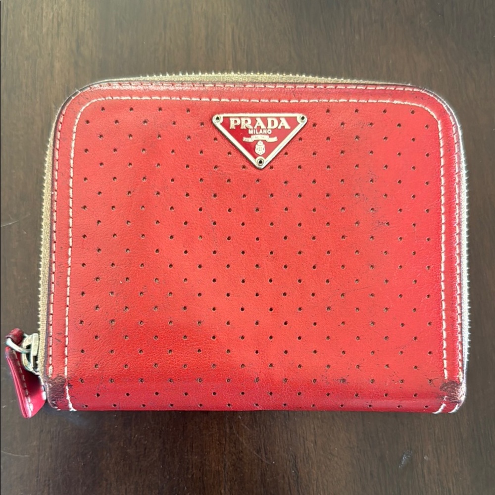Vintage Prada Red Perforated Leather Wallet with card